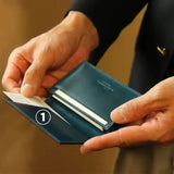 名刺交換をスムーズにするフタ側ポケット<br>
①フタ側のポケットに交換相手の向きに名刺をセットしておくことで、フタを開けるだけですぐに名刺交換ができます。相手を待たせることなく、スマートな所作で名刺をお渡しできます。