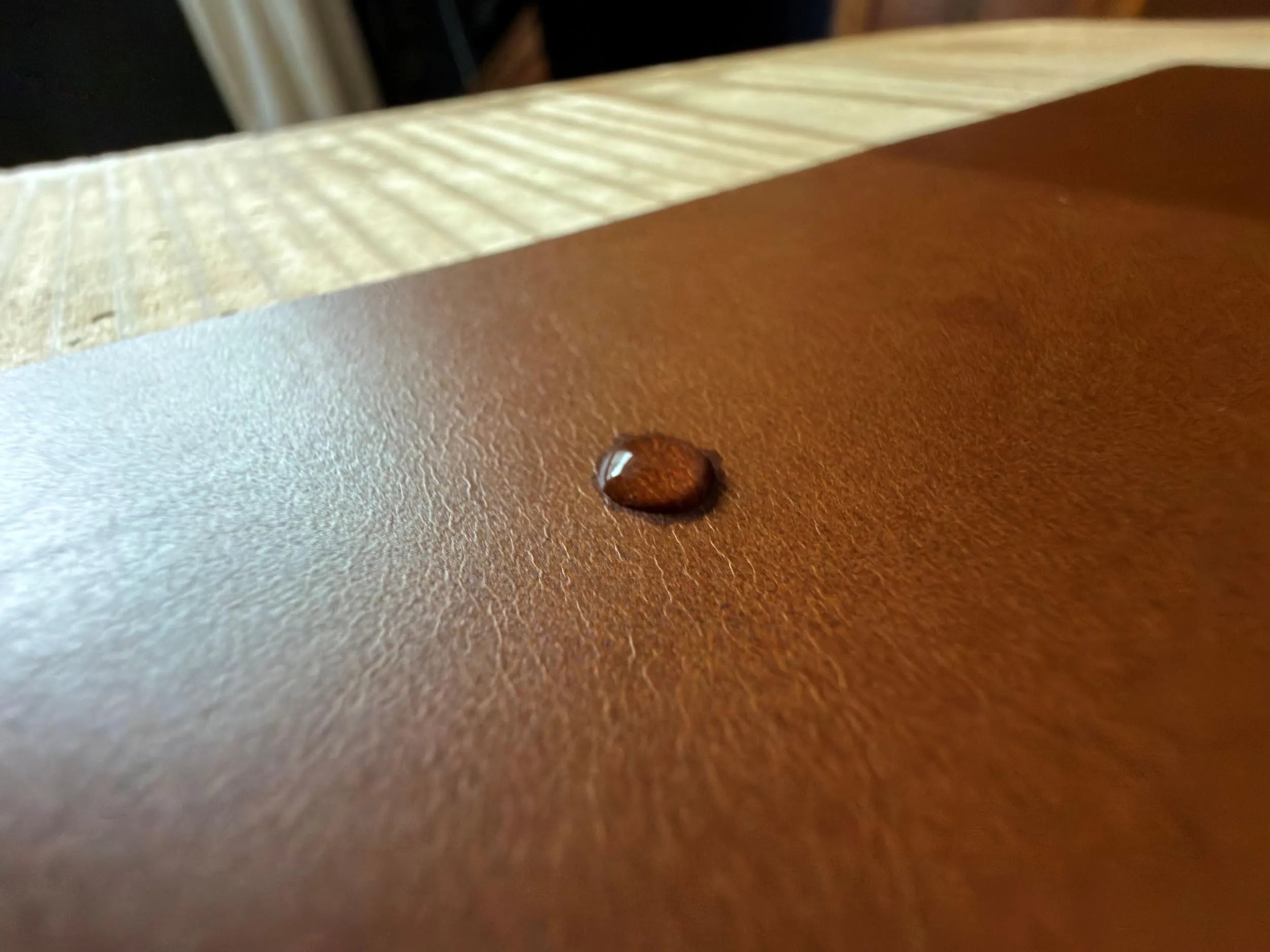 ワックス無しの革に水滴が染み込む様子